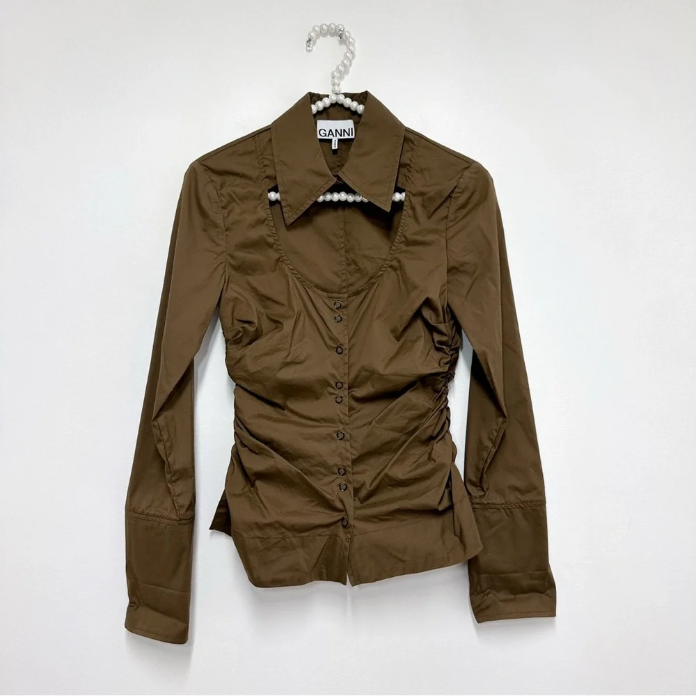 Ganni Cut Out Tailored Button Down Shirt in Brown